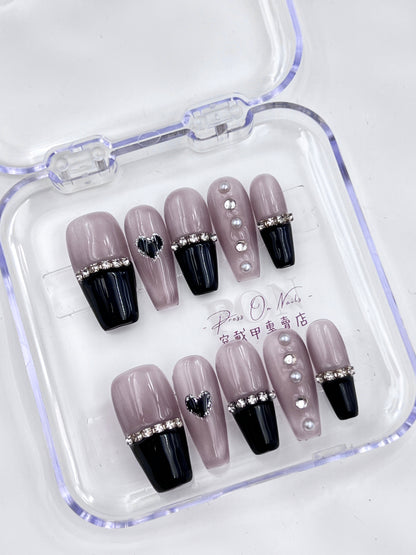 P220 Naked Black Rhinestone Pearl French Nails Purely Handmade Nails