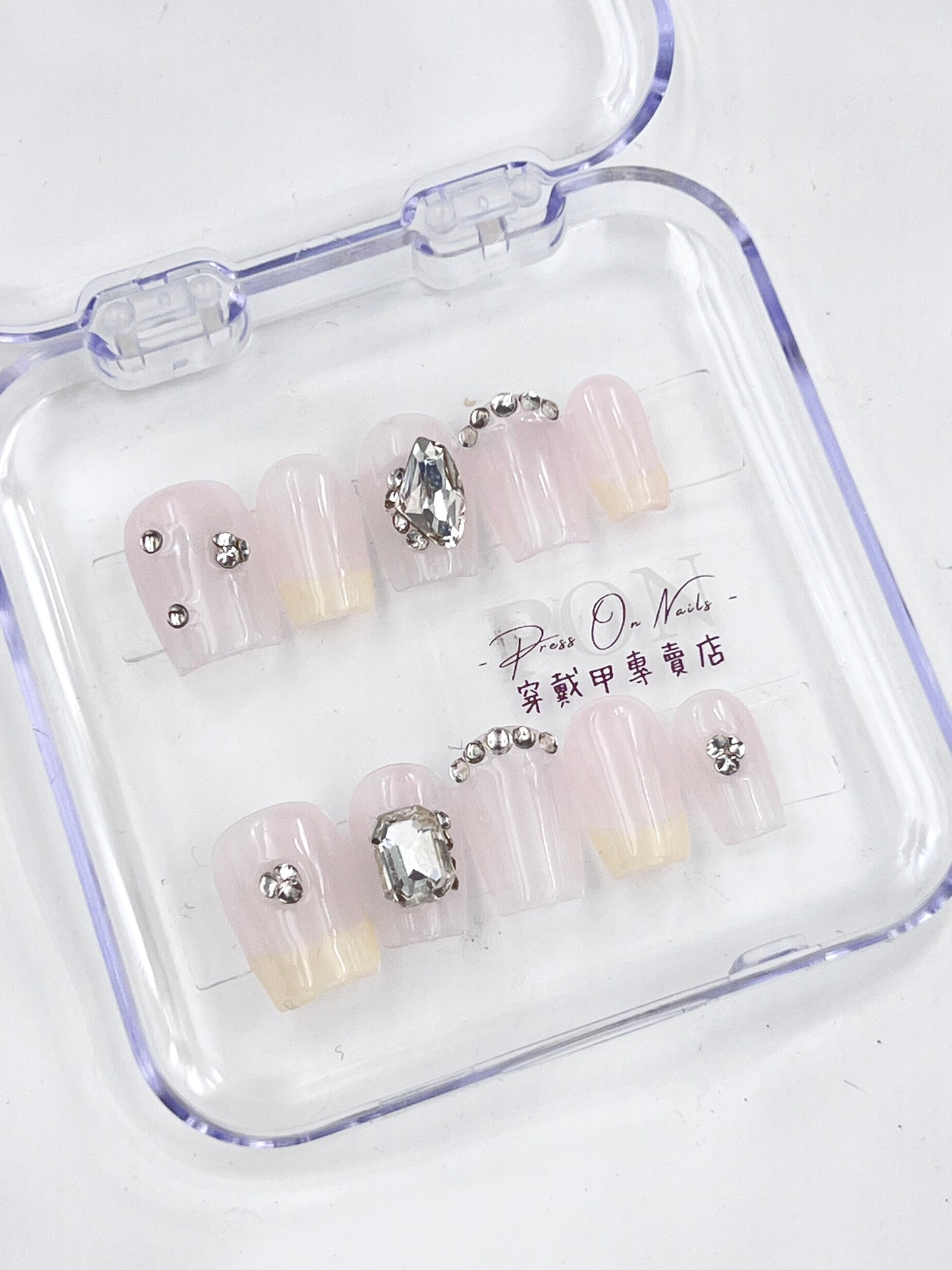 P502 Naked White Diamond French  Short Ladder Handmade press on nails