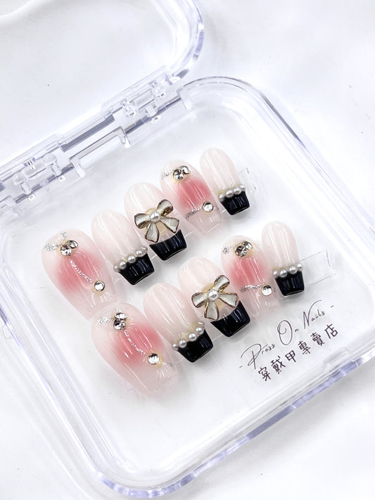 P415 Icy pink smudged black French style , pure handmade press on nails