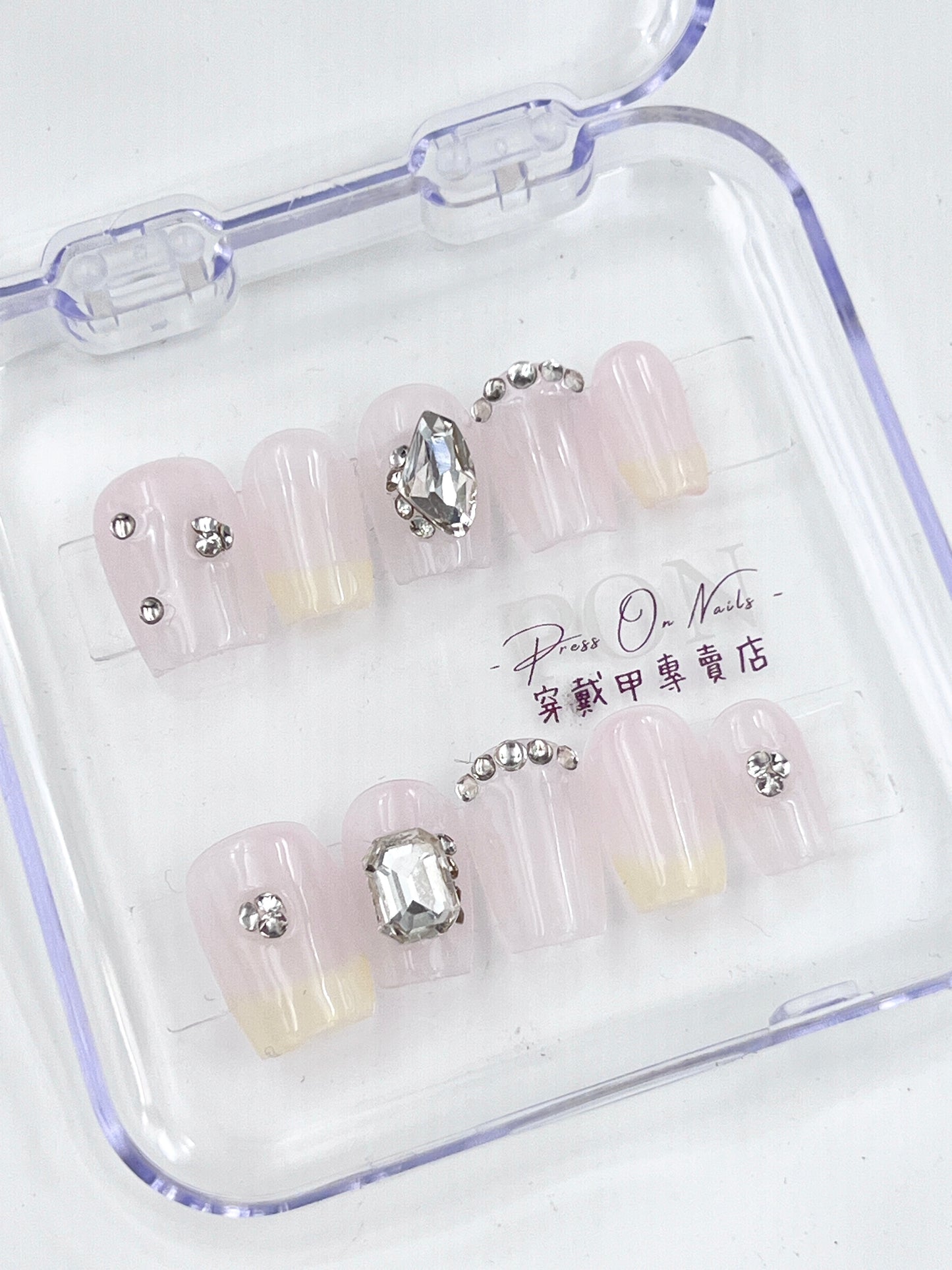 P502 Naked White Diamond French  Short Ladder Handmade press on nails