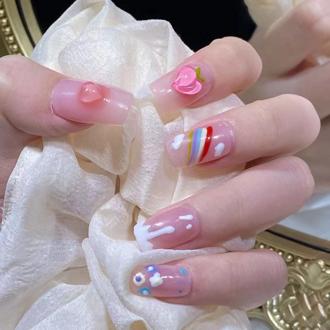 P477 Rainbow Peach Wearing Armor Purely Handmade press on nails