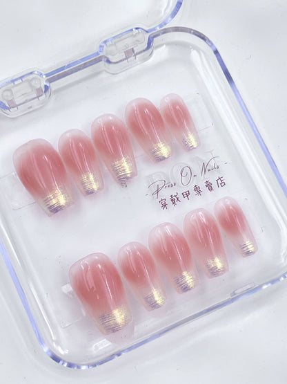 M127 Gradient Pink Aurora Gold Wire French Handmade press on nails