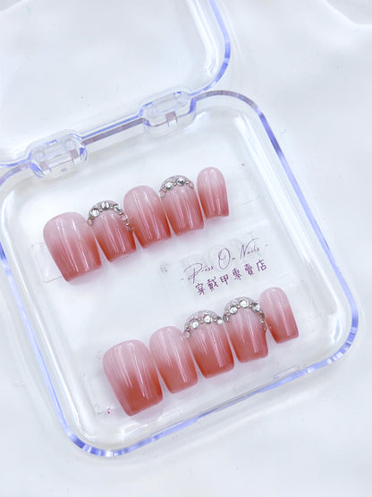 Pink Gradient Layer Rhinestone Simple French Style-Wearing Nails