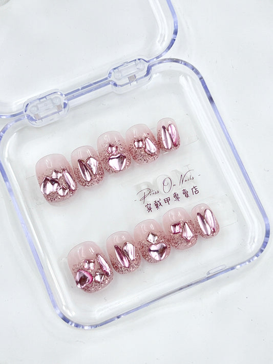 P112 Pink crystal short round , pure handmade press on nails