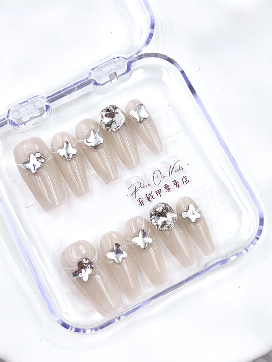 P51 Nude apricot white string butterfly handmade press on nails