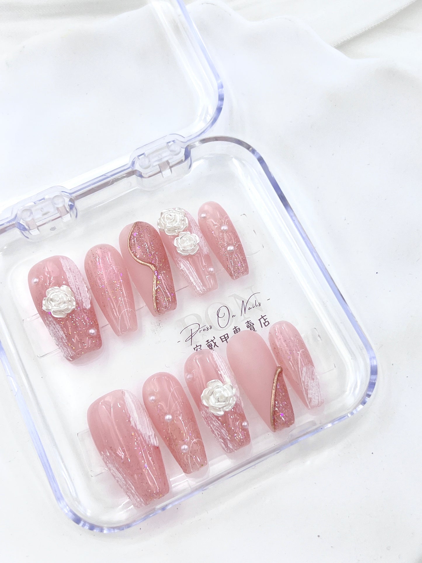 First Love Pink and White Rose-Handmade press on nails