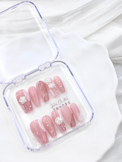 First Love Pink and White Rose-Handmade press on nails