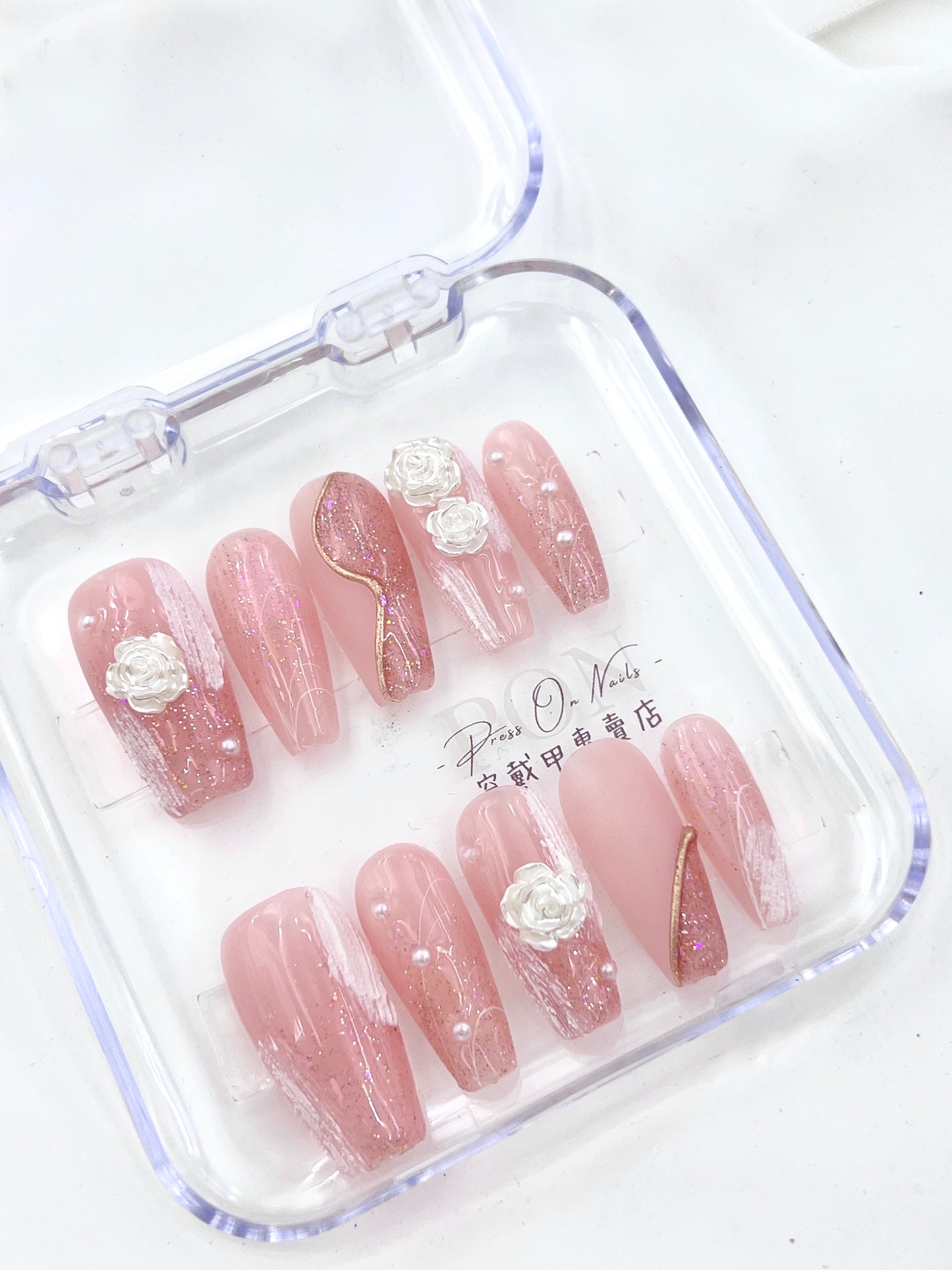 First Love Pink and White Rose-Handmade press on nails