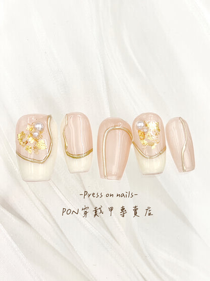 M491 French gold foil pearl handmade press on nails