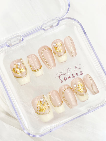 M491 French gold foil pearl handmade press on nails