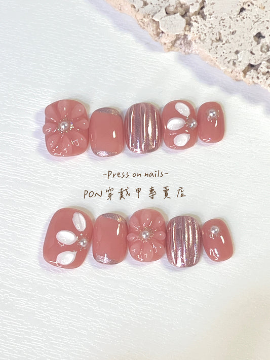 Japanese pink transparent three-dimensional flowers-handmade wear nails