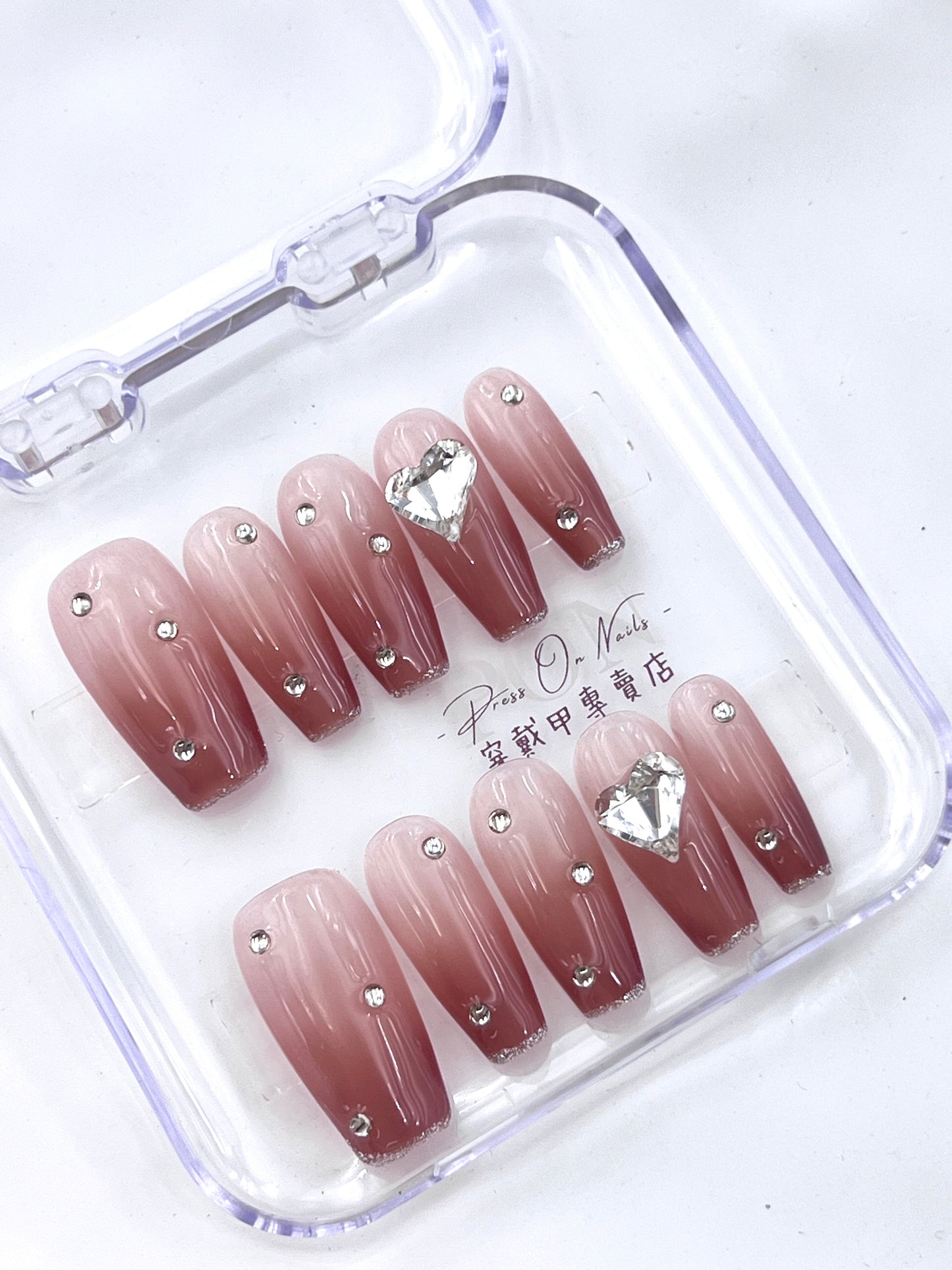 Gradient small rhinestone three-dimensional love press on nails