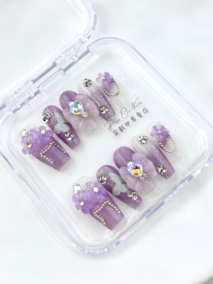 Elegant purple three-dimensional flowers-handmade wear nails