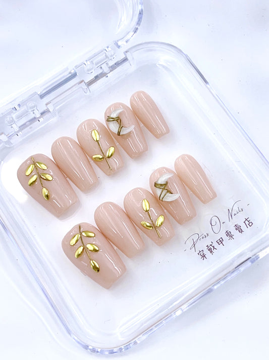 Nude gold leaf moon handmade press on nails