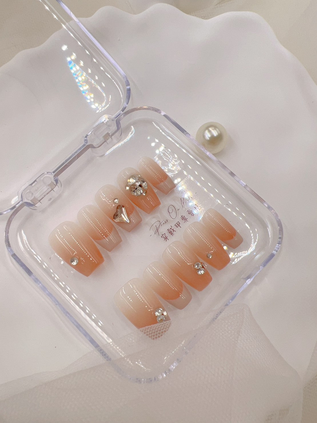 M652 apricot gradient French rhinestone handmade press on nails