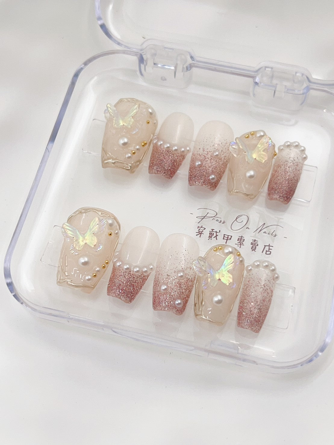 M118 Lady Pearl Butterfly Handmade press on nails