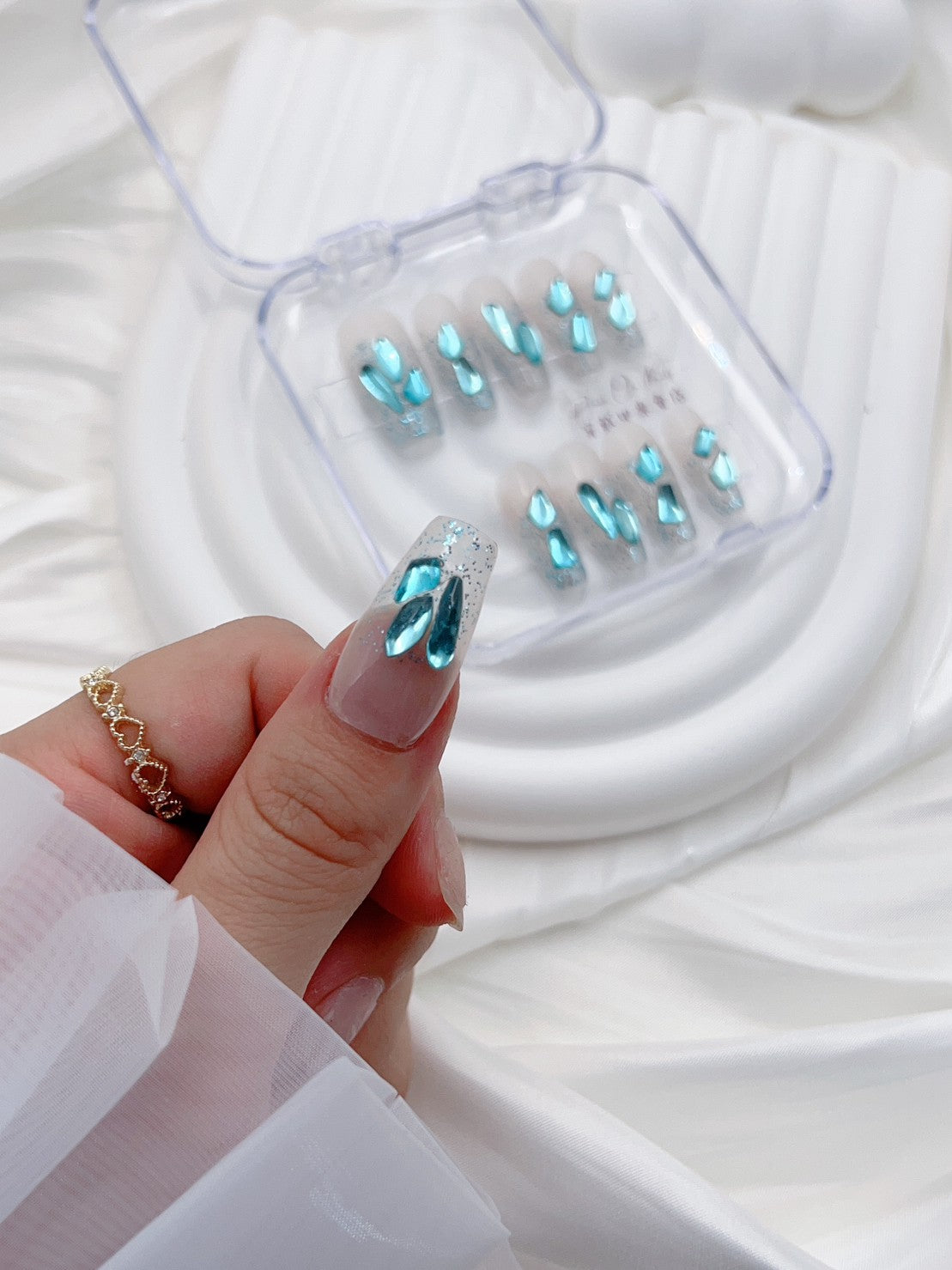 P1087 Aqua Blue Ice Brick press on nails Long Ladder Handmade press on nails 