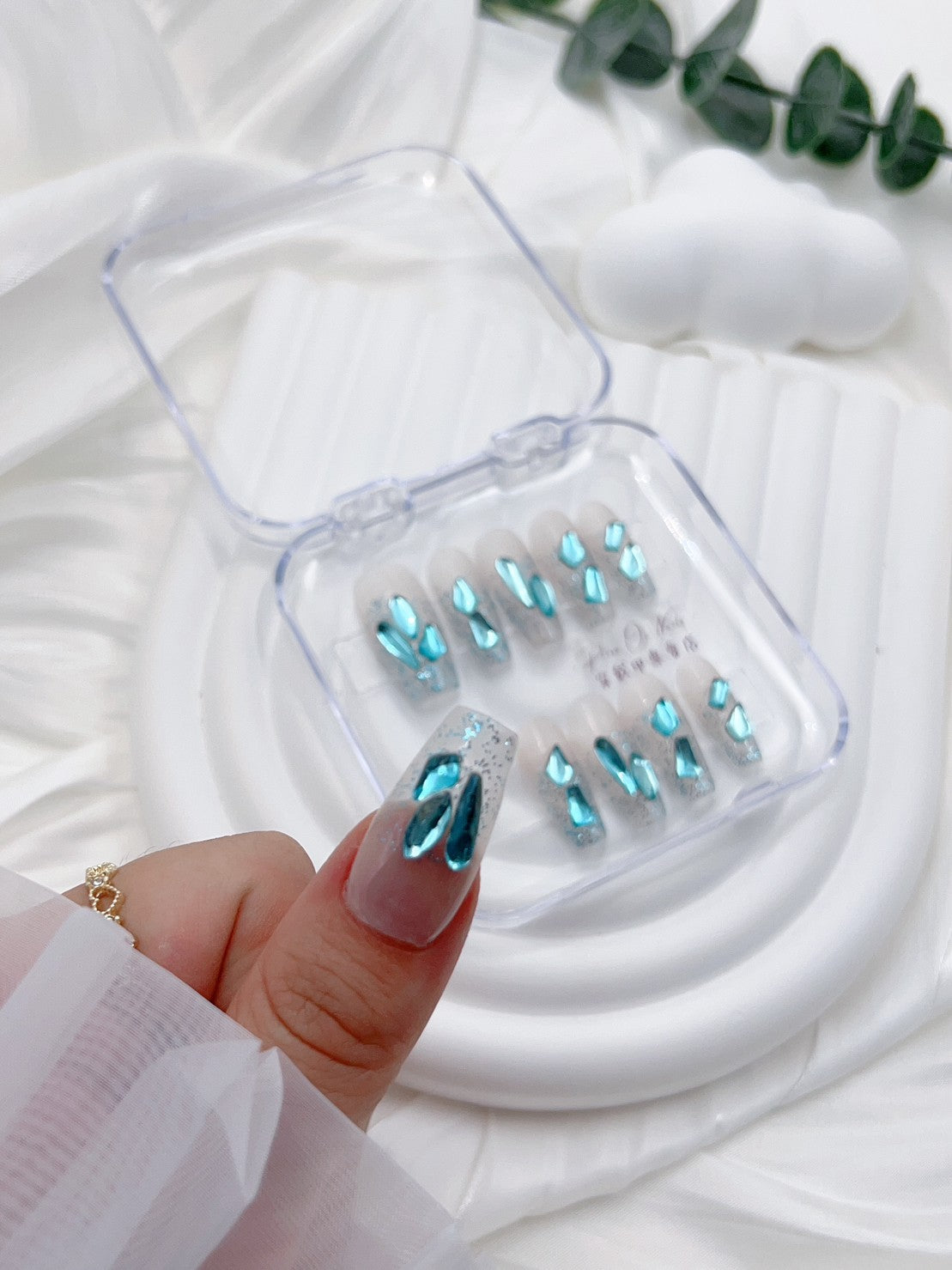 P1087 Aqua Blue Ice Brick press on nails Long Ladder Handmade press on nails 