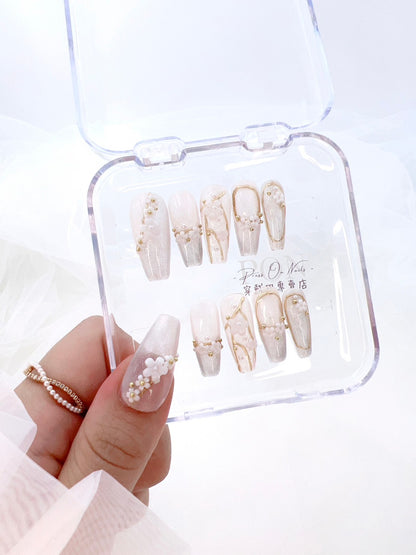 P247 Naked Summer Golden Branches and White Flowers  Long Ladder press on nails