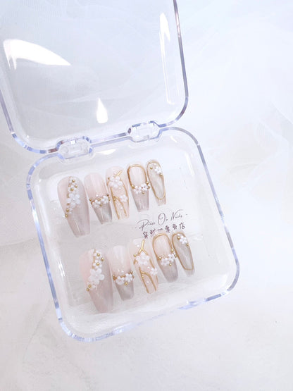 P247 Naked Summer Golden Branches and White Flowers  Long Ladder press on nails