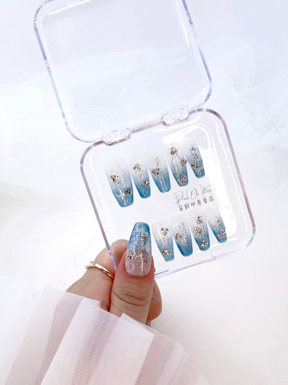 P253 Blue Stars and Sea  Long Ladder press on nails